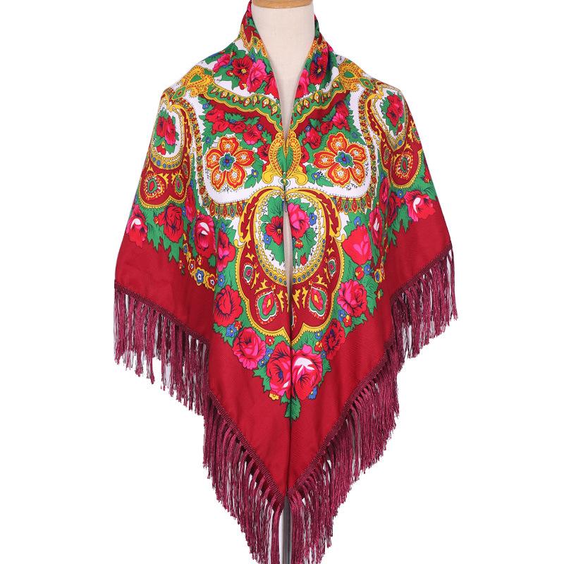 

Женская этническая летняя шаль - Большой квадратный шарф с кисточками для путешествий и фото 130CM*130CM вино красного