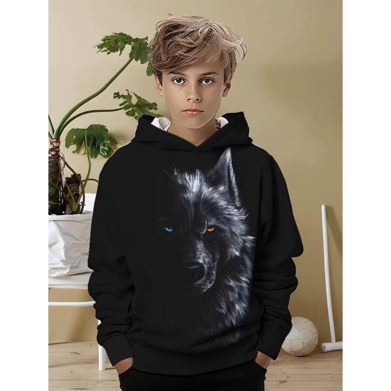Hættetrøje til Børn Sort Hvid Ulveprint Langærmet Sweatshirt Afslappet Løs Børnetop Udendørs Streetwear Dreng Barn Sweatshirt