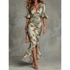 2026 Summer New European and American Style V-neck Temperament Elegant Slim Long Dress Printed Lotus Leaf Edge Long Dress