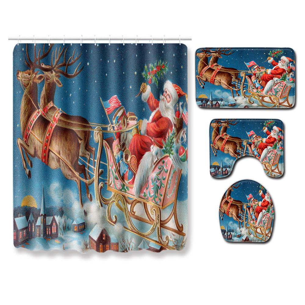 Christmas Toilet Seat Shower Curtain Four-Piece Printed Floor Mat Set Bathroom Floor Mat Bedroom Absorbent Door Mat Carpet