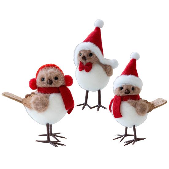 Cute Fluffy Plush Foam Bird Christmas Tree Ornament Simulated Bird Figurine with Red Hat And Scarf for Christmas Tree Mantel Desk Decoration