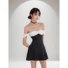 Sweet American Style Sexy Pure Desire Stylish off-Shoulder Contrast Color Patchwork Waist-Slimming Elegant A- Line Skirt Dress