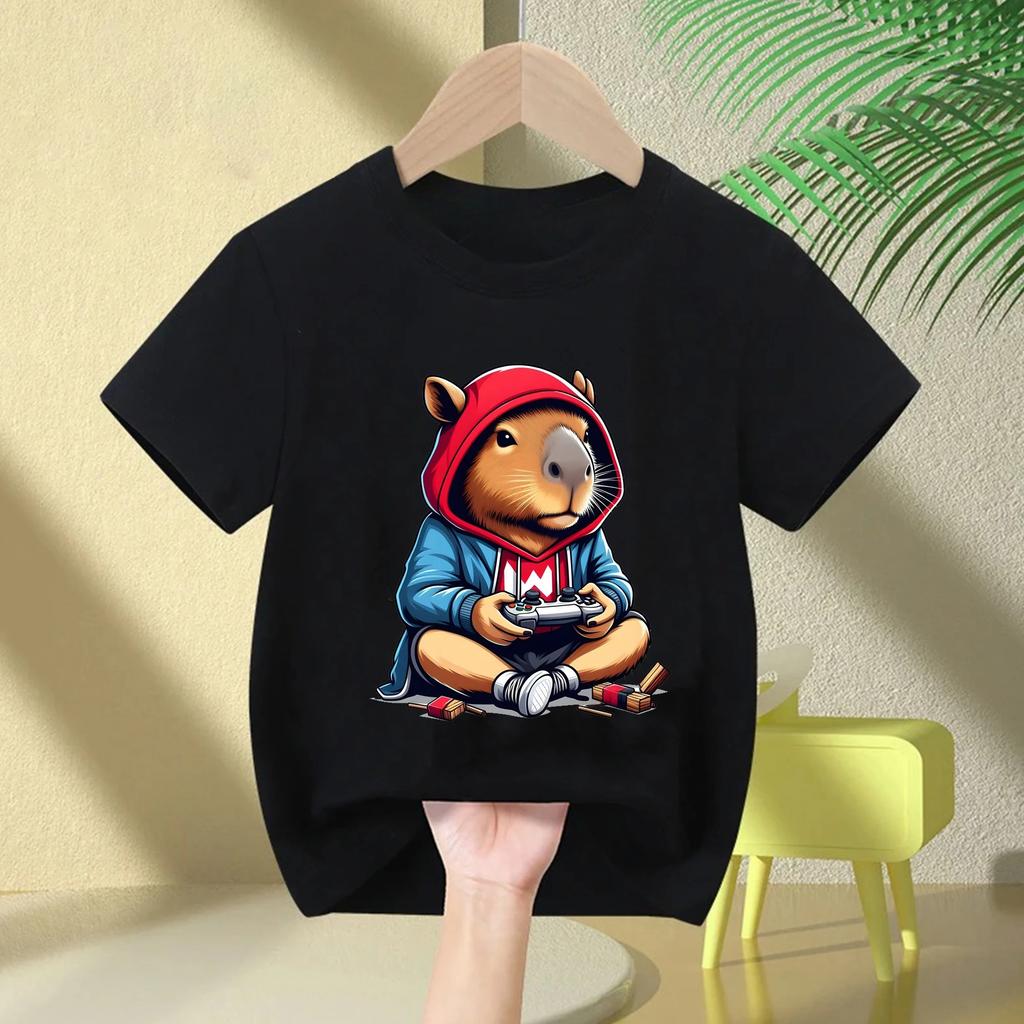 Cute Capybara Loves Bubble Tea Print Kids TShirt Summer Childrens Cartoon Shortsleeved Casual Tops Boys and Girls Clothing