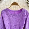 Retro Palace Temperament Round Neck Waist Show Thin Hook Flower Hollow a Word Lace Dress Elegant Large Skirt