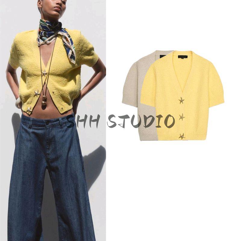 Summer New Product Women's Clothes French Classic Style Short Sleeve V Neck XINGX-Shaped Button Decoration Knitting Outwear 6771066