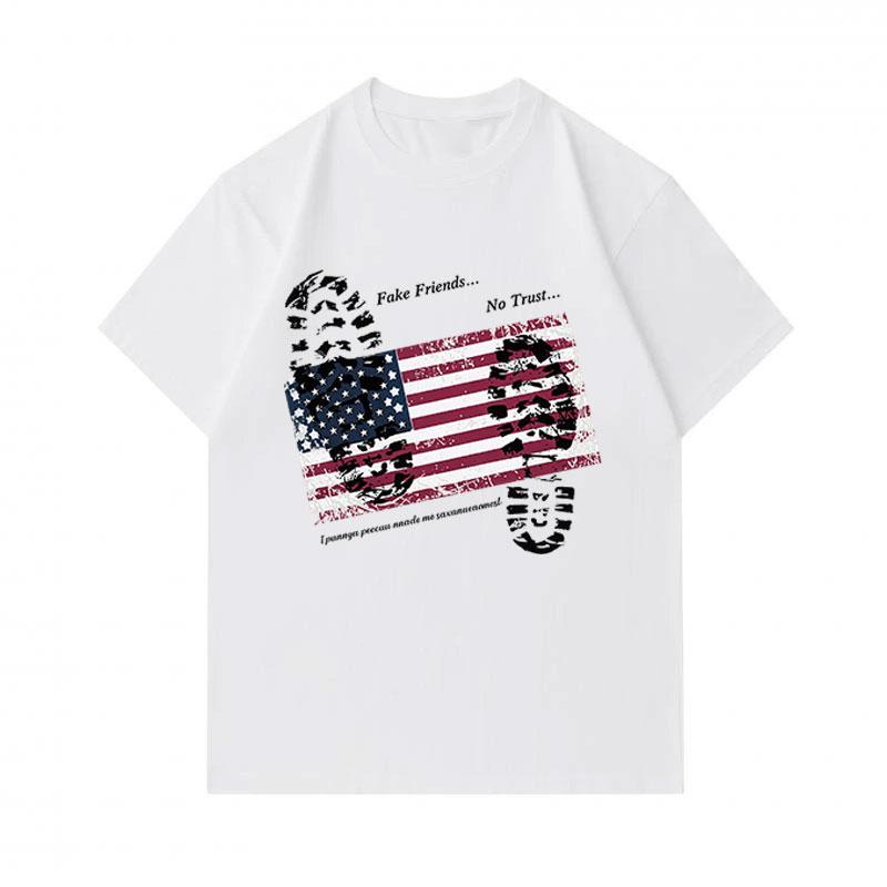 Men's 100% Cotton Crew Neck Short Sleeve T-Shirt, Distressed USA Flag Fake Friends No Trust Print Casual Comfortable Tee for Daily Wear