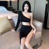 Spring and Autumn Sexy Spice Girls Fashion Dress High Split Legs Skinny Hollow Waist Irregular Medium and Long Dress