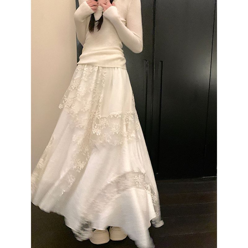 

Женская вышитая кружевом и сеткой юбка макси А-силуэта с завышенной талией и расклешенным подолом XL абрикосовый