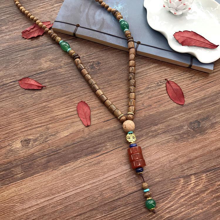 Colier lung etnic retro nepalez cu aripi de pui din lemn și margele Bodhi - Accesoriu de modă unisex