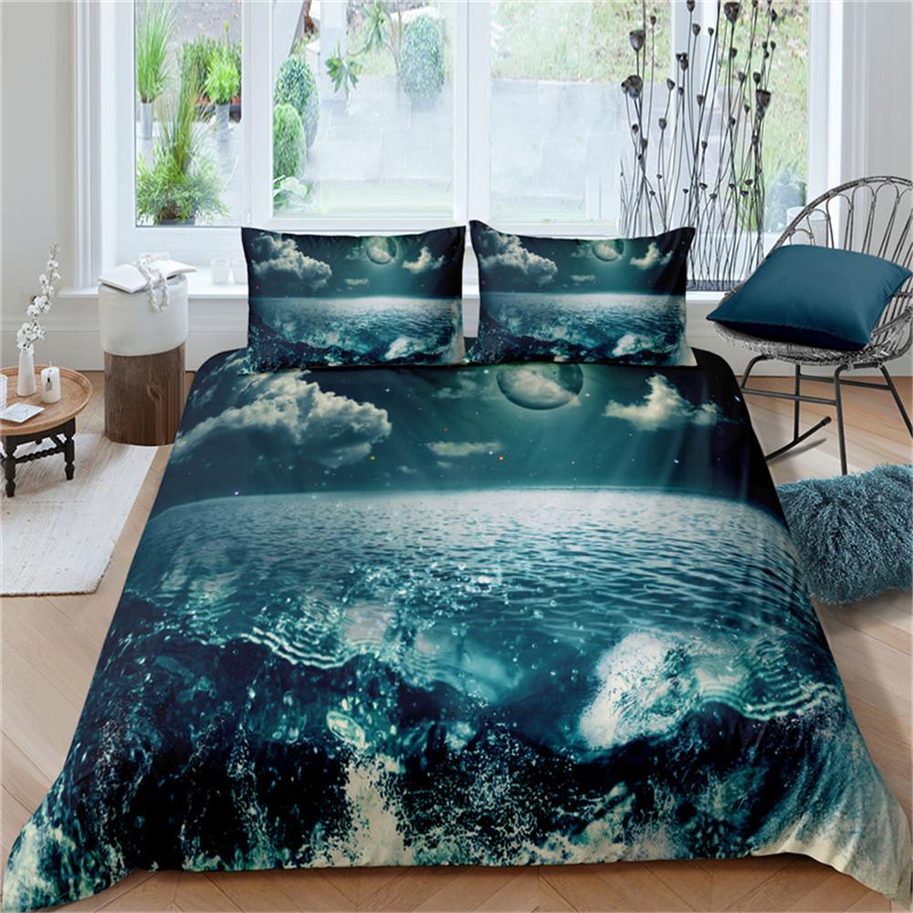 Deep Ocean Duvet CoverSeawater Bright Moon At Sea Starry Night Sky Galaxy Summer Hawaiian Holiday Comforter CoverBedding Set