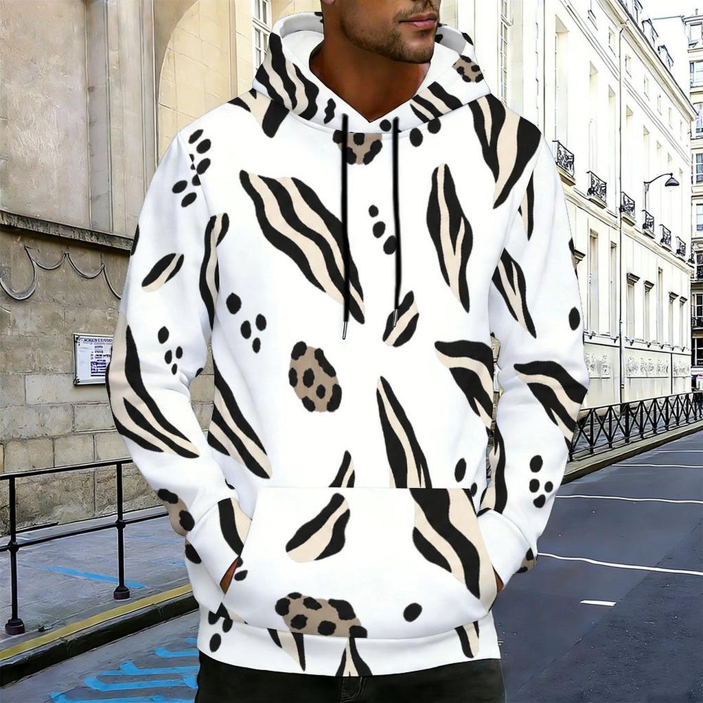 Felpa con cappuccio da uomo taglie forti, stampa a pois bianchi, manica lunga, coulisse, tasca a marsupio, pullover