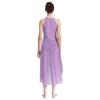 Womens Lyrical Dance Dress Sleeveless Asymmetrical Hem Sparkling Rhinestones Ruched Design Performance Gown