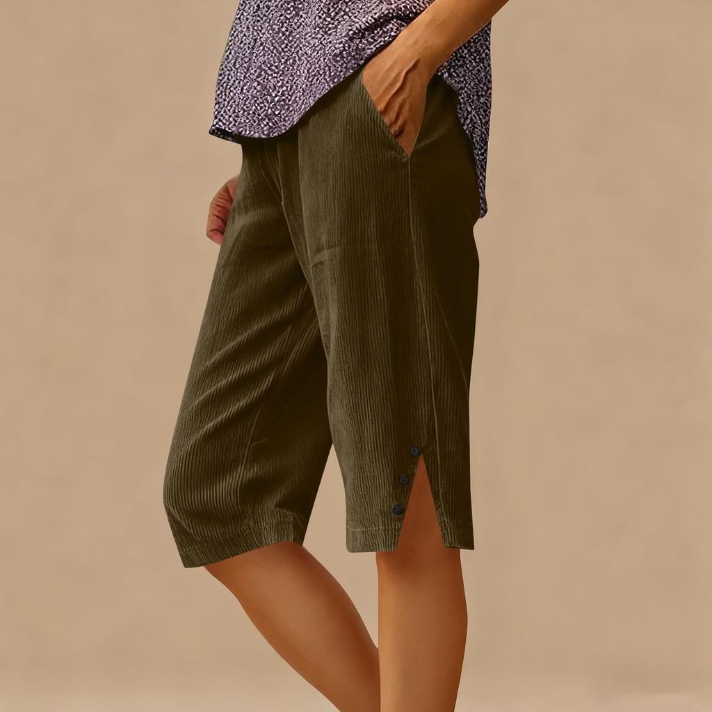 Women’s Corduroy Knee Length Shorts Relaxed Fit Button Side Pockets Casual Lightweight Soft Material