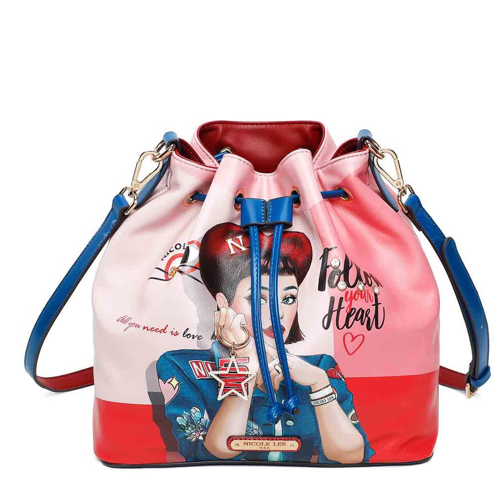 

NICOLE LEE DTL16014 DAISY TAKES LOVE Heart Daisy Girl Drawstring Balloon Bag Shoulder Bag Bijou Shoulder Cat Vegan Leather Vegan Sole Studs Pink Red