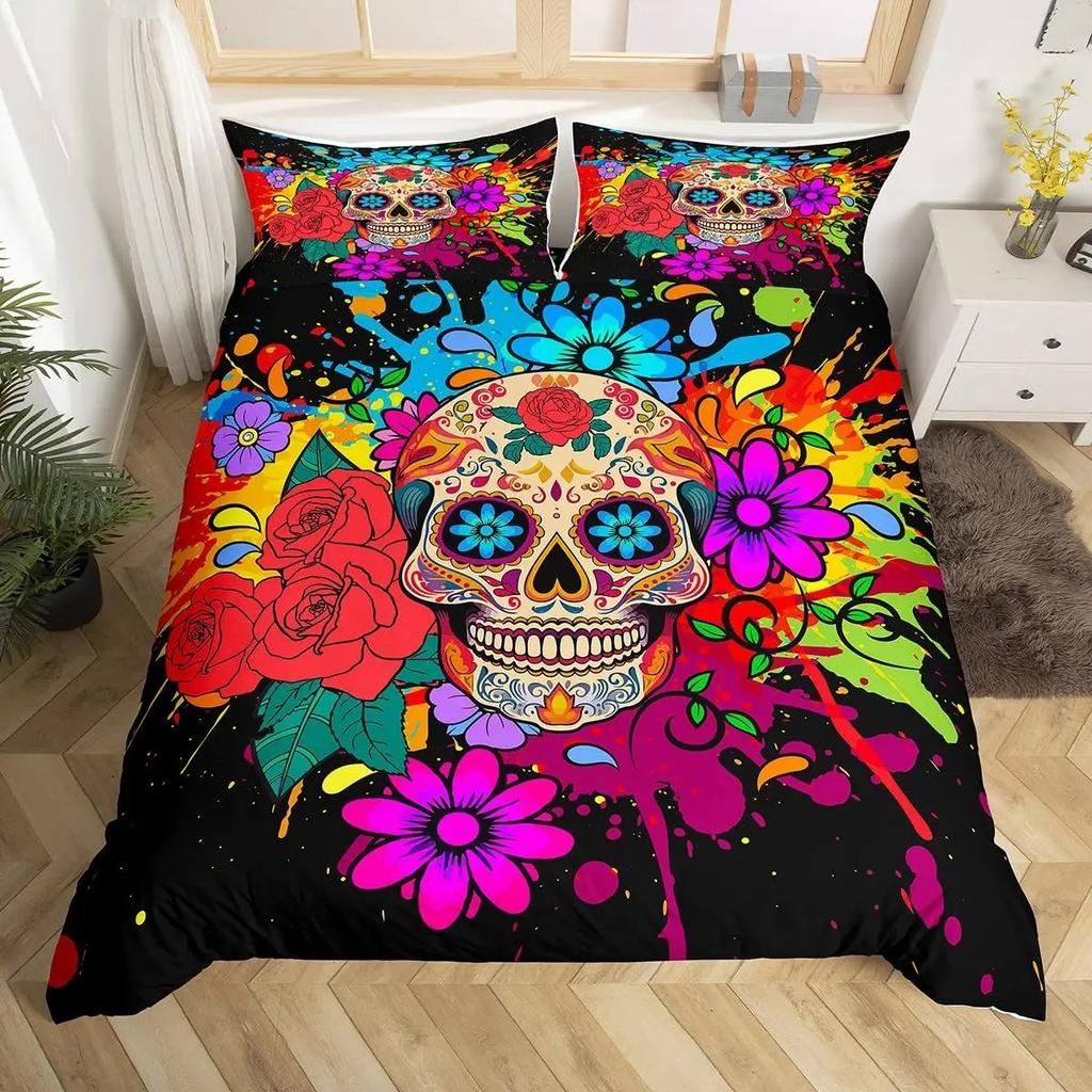 Sugar Skull Duvet Cover Colorful Vintage Floral Bedding Set Hippie Mexico Style Comforter Cover Gothic Skeleton Quilt Cover