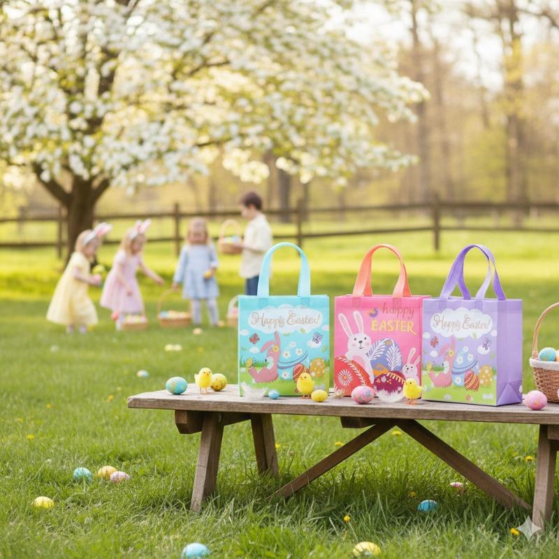 Easter Gift Bags with Handles Bunny Theme Non-Woven Bags for Easter Party Supplies, Birthday Gifts and Gift Wrapping