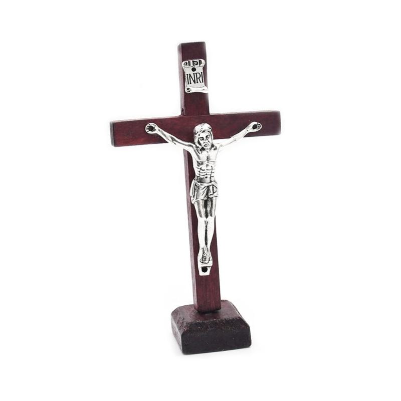 1Pc Wood Catholic Crosses Shelf Church Desktop Decoration Standing Crucifix Decors