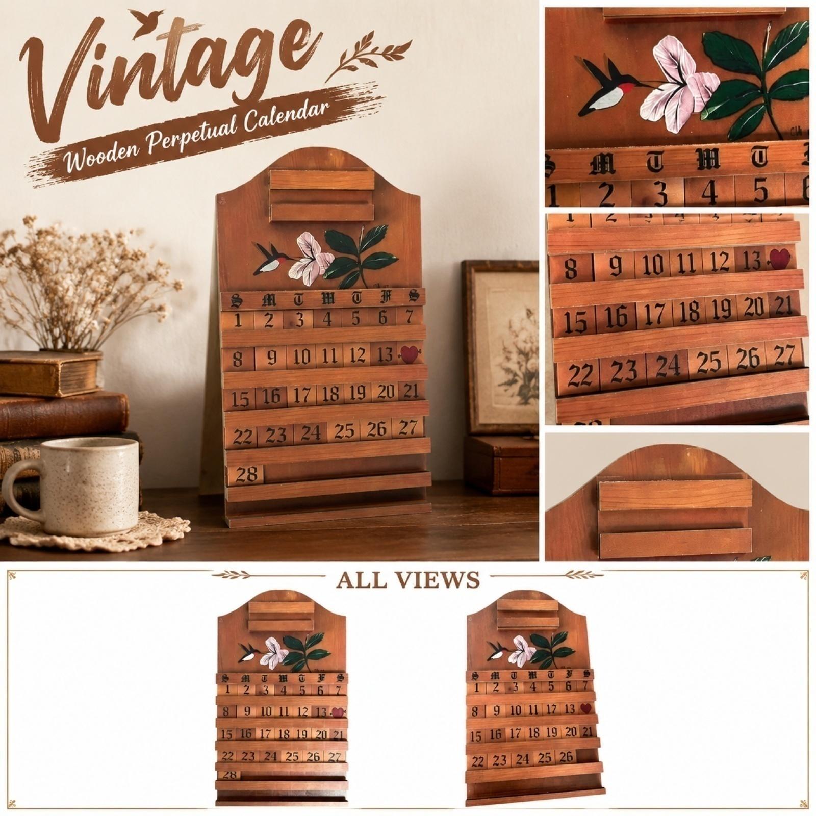 Wooden Perpetual Calendar Desk Organizer with Engraved Floral Pattern for Home Office Desktop Date Display Decoration One Size