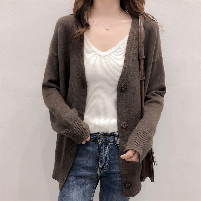 Spring and Autumn New Loose Long-sleeved Top Lazy Wind Soft Waxy V-neck Knitted Cardigan Jacket with Sweater Women