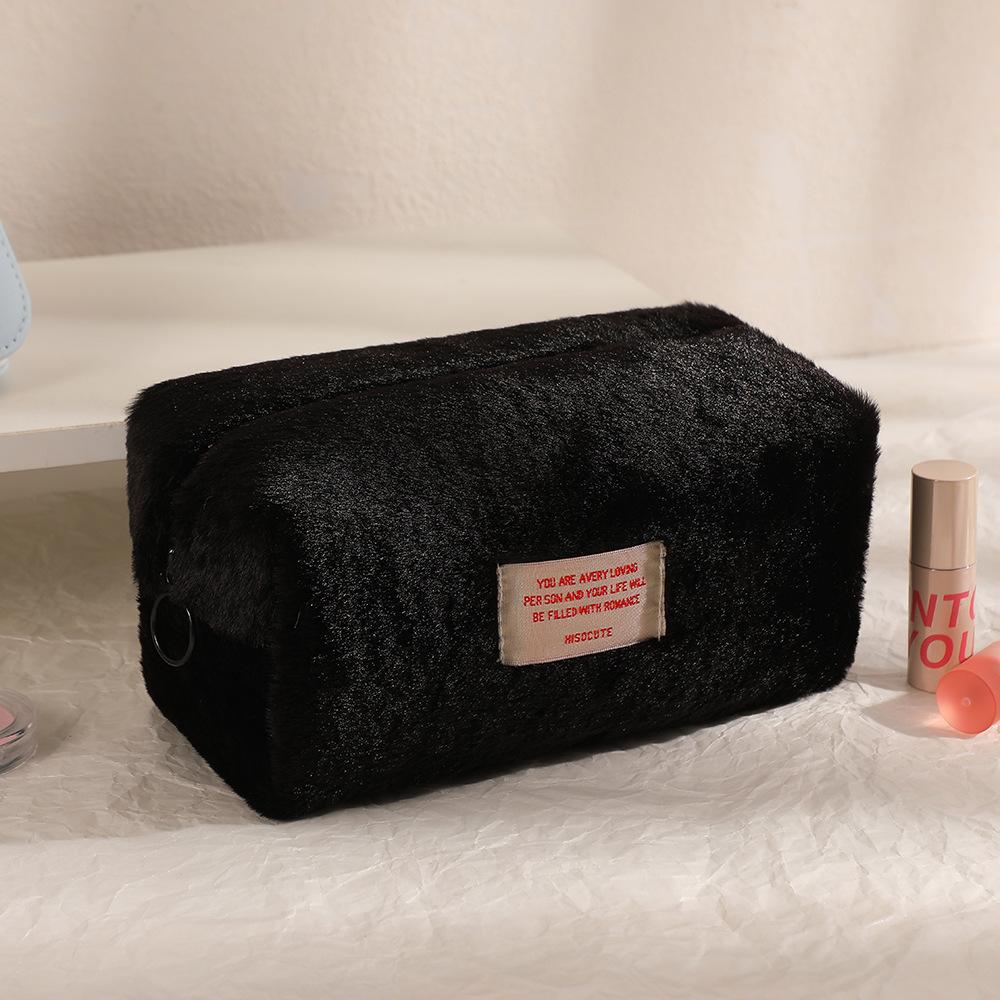 Winter Girls Plush Solid Color Makeup Bag Large Capacity Simple Octagonal Bag Student Pen Bag Stationery Storage Bag