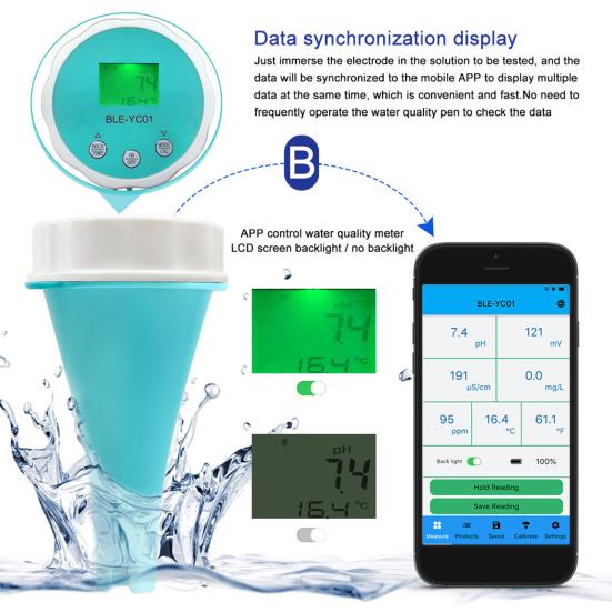 6-in-1 Smart Pool Water Tester Digital Display IP67 Waterproof Bluetooth-compatible PH/Chlorine/ORP/EC/TDS/Temperature Meter