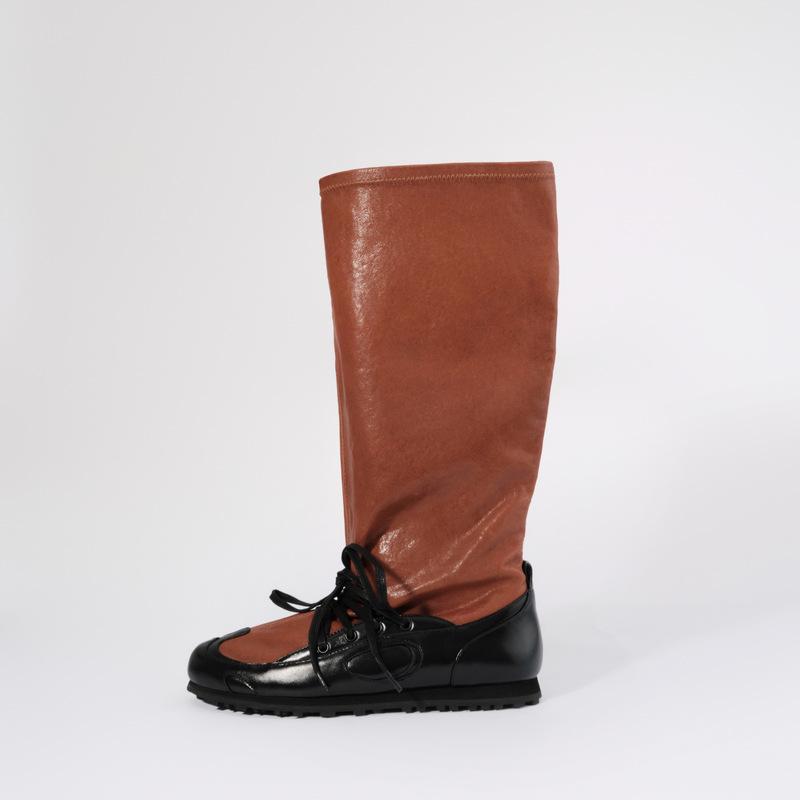 Cowhide Version~ Genuine Leather Retro Straps But Knee Boots Women's British Style Thick Heel Pleated Stack Wide Tube Knight Boots