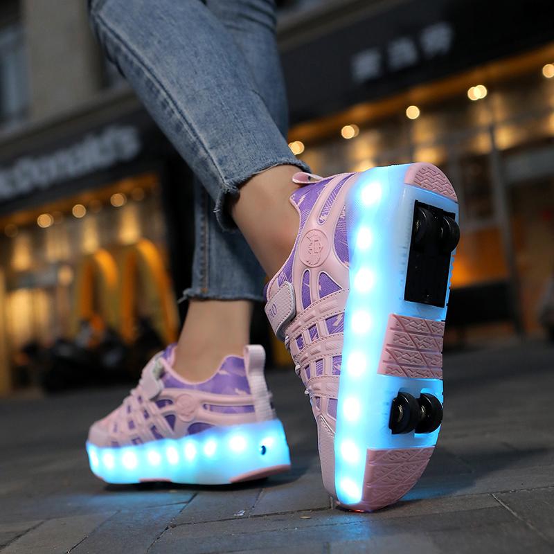 Four-wheel Roller Skates Children's Retractable Automatic Wheel Sports Shoes USB Charging LED Light Sports Shoes