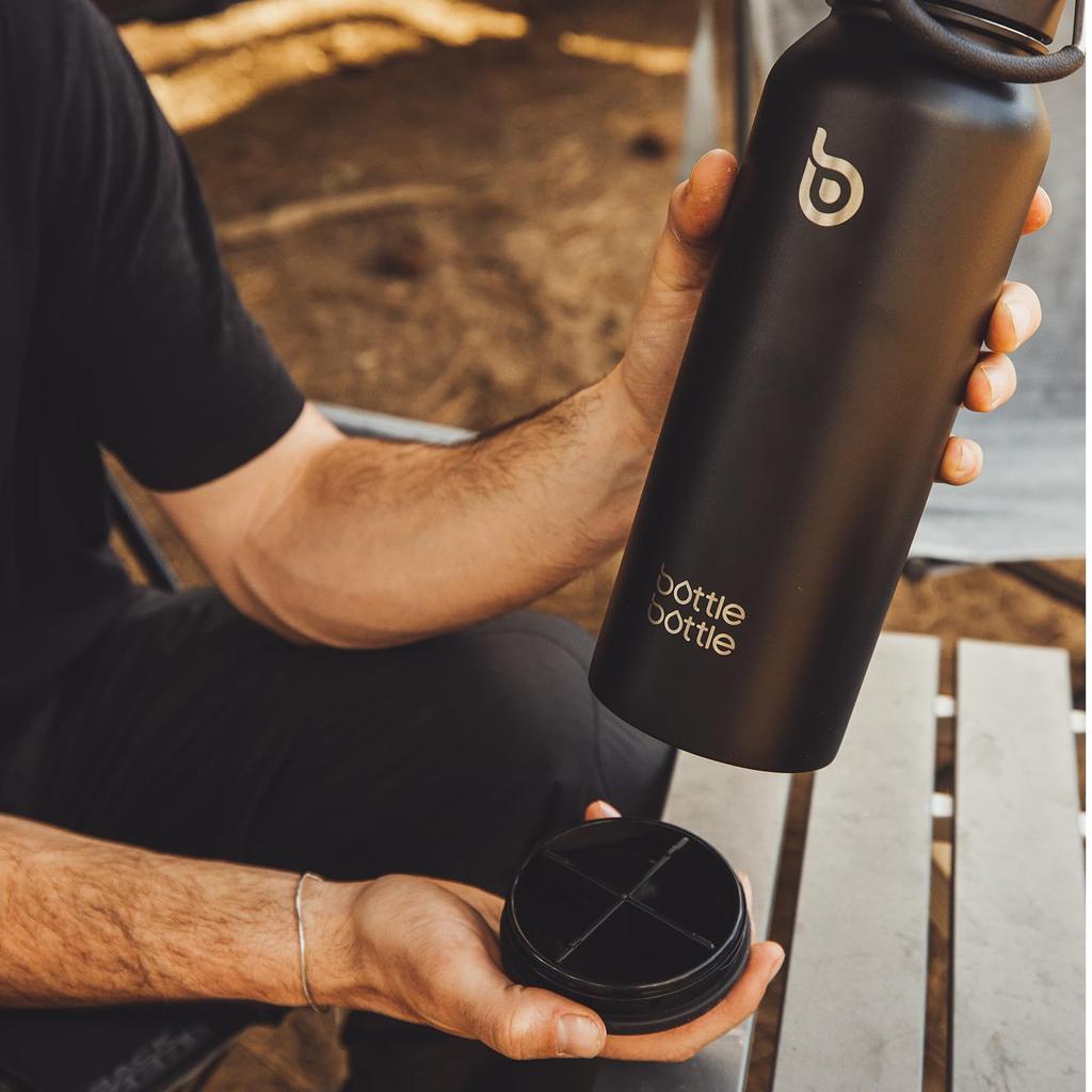 BOTTIGLIA BOTTIGLIA Acqua 1 Grande Bottiglia Inox con Thermos Sportiva Nera, Litro, Capacità, Acciaio, Prova, Coperchio a 2 Vie, Ragazze, Ragazzi, Adulti, Cannuccia,