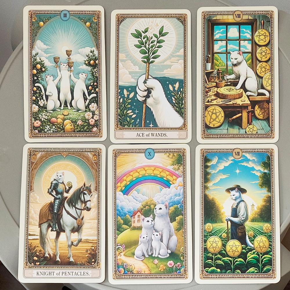 Baraja de Tarot del Gato 78 Cartas con Guía, Tarjetas de Tarot con Temática de Gato Blanco Lindo 11*6.2cm Cartas de Adivinación en Caja de Lata Portátil