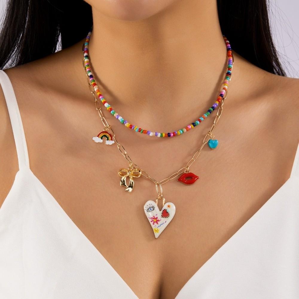 Multi-layer Pearl Beaded Necklace Bow Stacked Clavicle Choker Trendy Strawberry Necklace Women