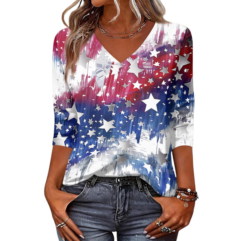Women's Tops Three-quarter Sleeve Shirt V-neck Loose Casual Shirt Print T-shirt