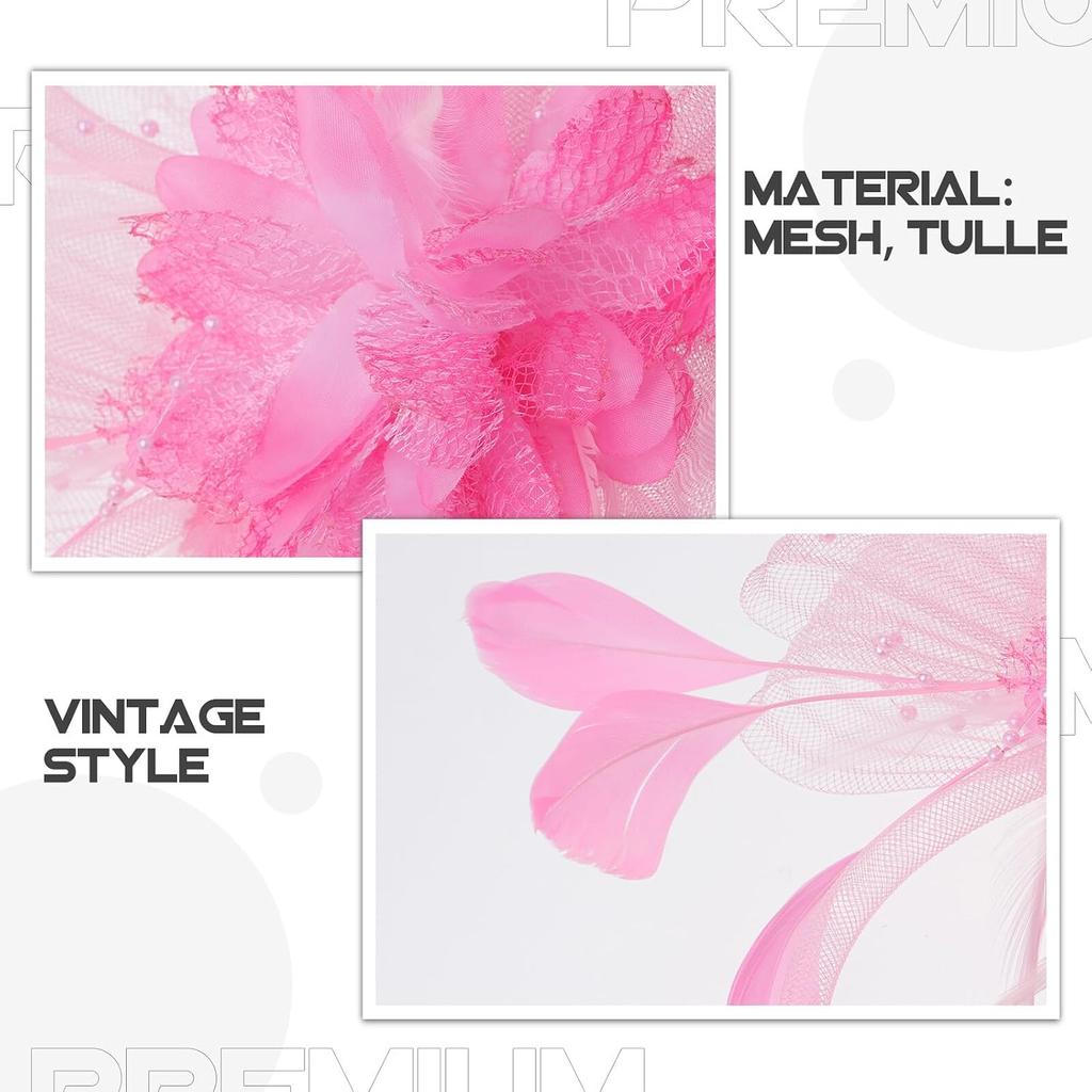 TEHAUX Fascinator Headband with Mesh Flower and Plume, Pink Cocktail Tea Party Hat for Women, Wedding Special Occasion Accessory