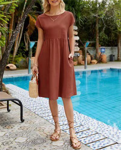 Fashion Summer OL Temperament Women's Clothing Cotton and Linen Round Neck A-shaped Skirt Large Size Loose Dress