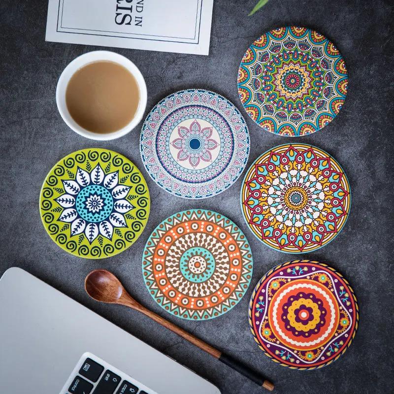 Mandala Flower Cup Coaster Round Ceramic Placemats Non-slip Tablemat Insulated Coasters Kitchen Decoration Tableware Home Decor