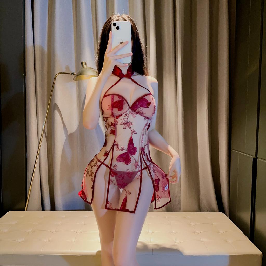 Sex underwear butterfly embroidered pajamas women's sexy retro cheongsam style hot uniform temptation large size suit