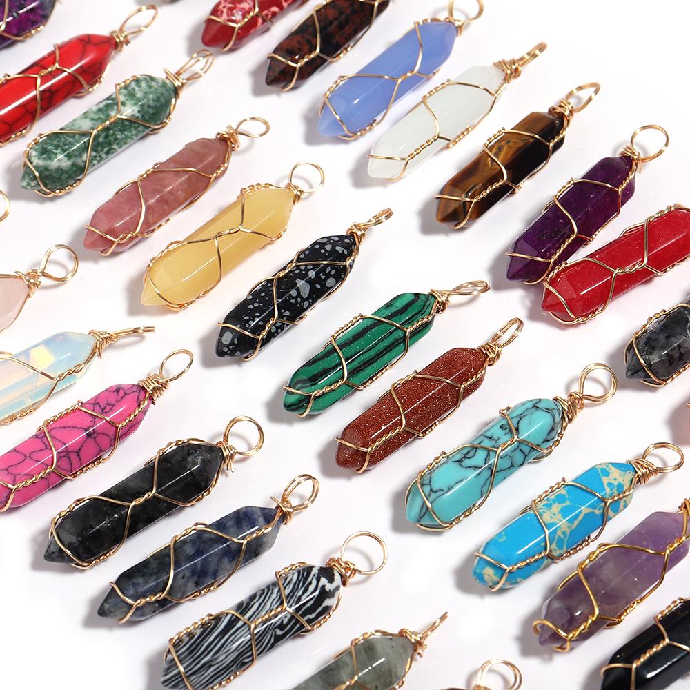 1 Pc Natural Stone Charms 40mm Color Bullet Shaped Handmade Gold Wire Pendants for DIY Necklace Gifts Jewelry Making Accessories