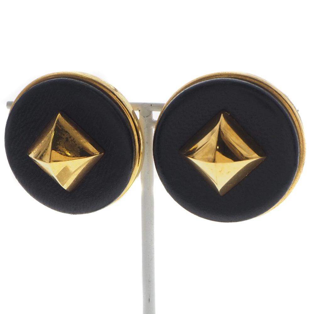 HERMES Medor Earring gold/black Plated Gold/leather 35g Women Used