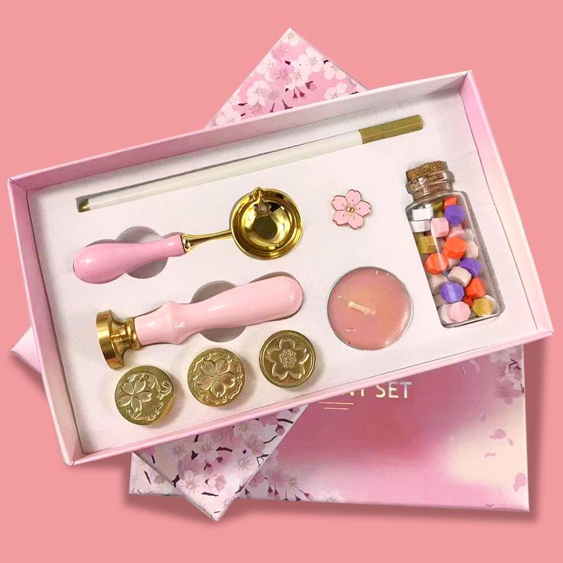 Cherry Blossom Wax Seal Stamp Gift Set: Copper Head, Mixed Color Wax, Spoon & 6-Piece Kit