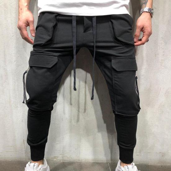 Multi Pockets Elastic Waist Training Trousers Ribbed Ankle Solid Color Drawstring Men Cargo Pants Workwear