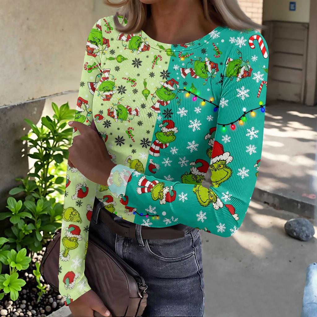 Women's Slim Fit Long Sleeve T-Shirt with Christmas Graphic, Neck Pullover Top for Holiday