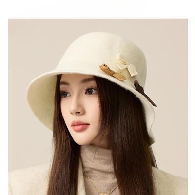 Chapeau de pêcheur en laine de créateur pour femme, chapeau d'hiver chaud et luxueux avec un petit chapeau en feutre, chapeau de bassin à nœud coréen