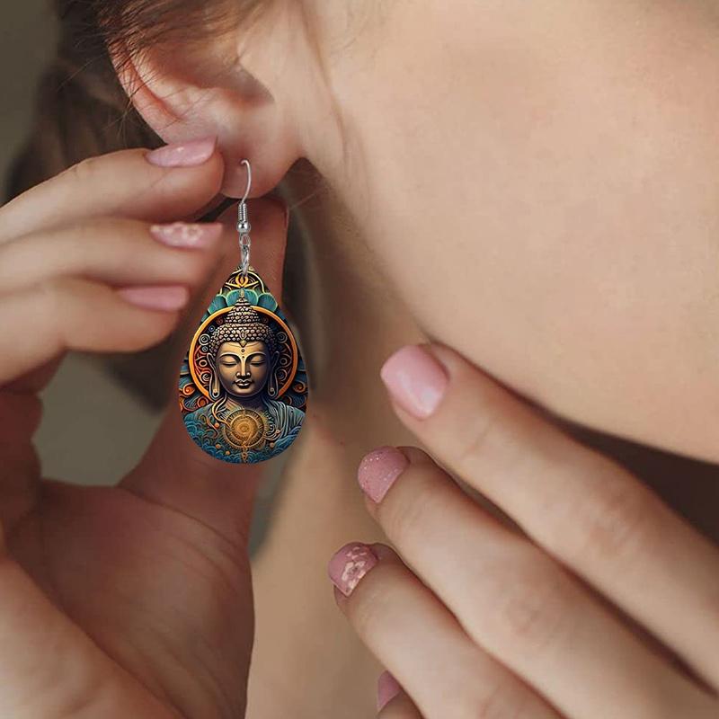 Retro Buddha Statue PU Leather Earrings Double-sided Pattern Print Water Drop Earrings Women Vintage Classic Earrings Simple Gifts for Friends