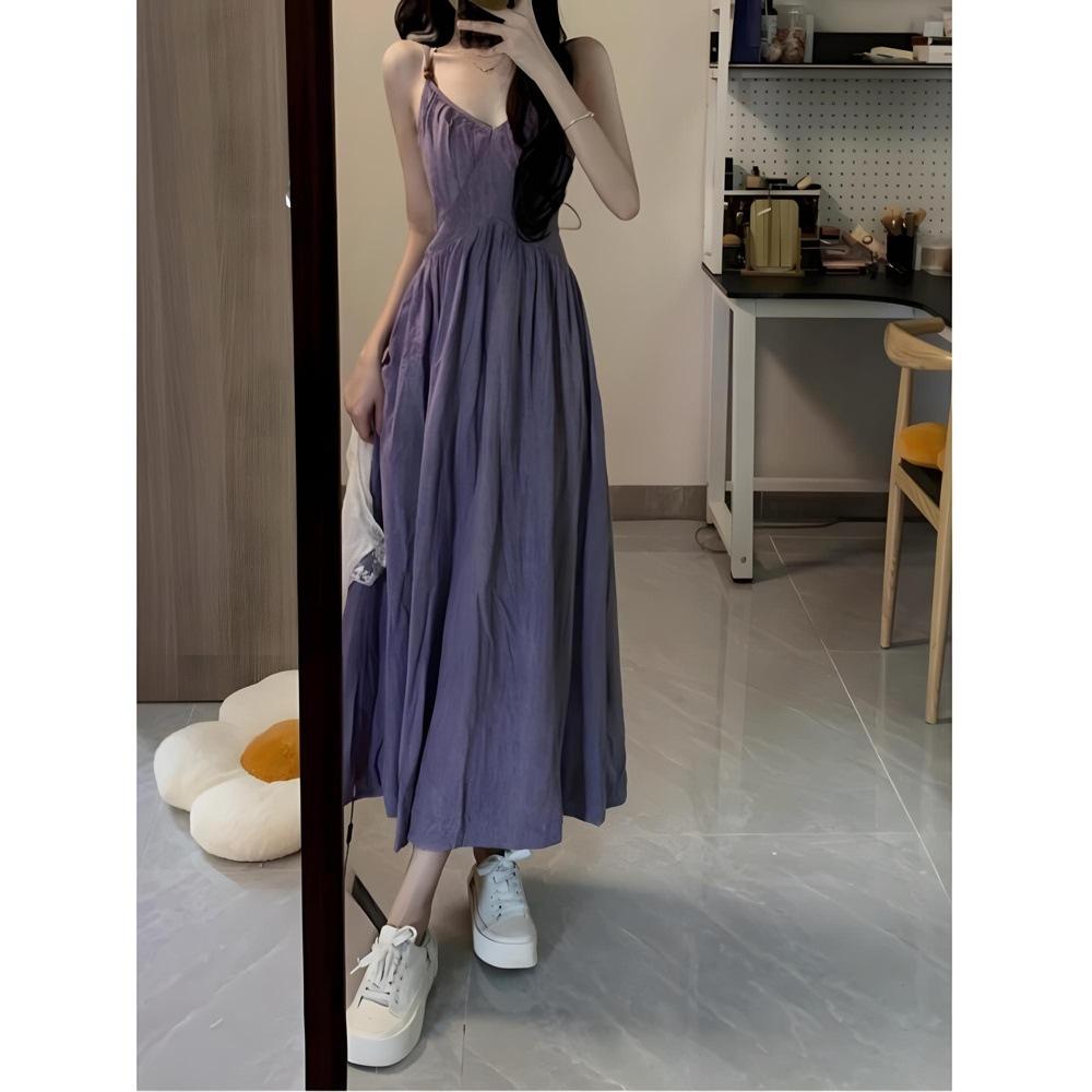 French Retro Purple Suspender Dress for Women's Summer High-end Feeling, Waist and Thin Figure, Seaside Vacation Dress