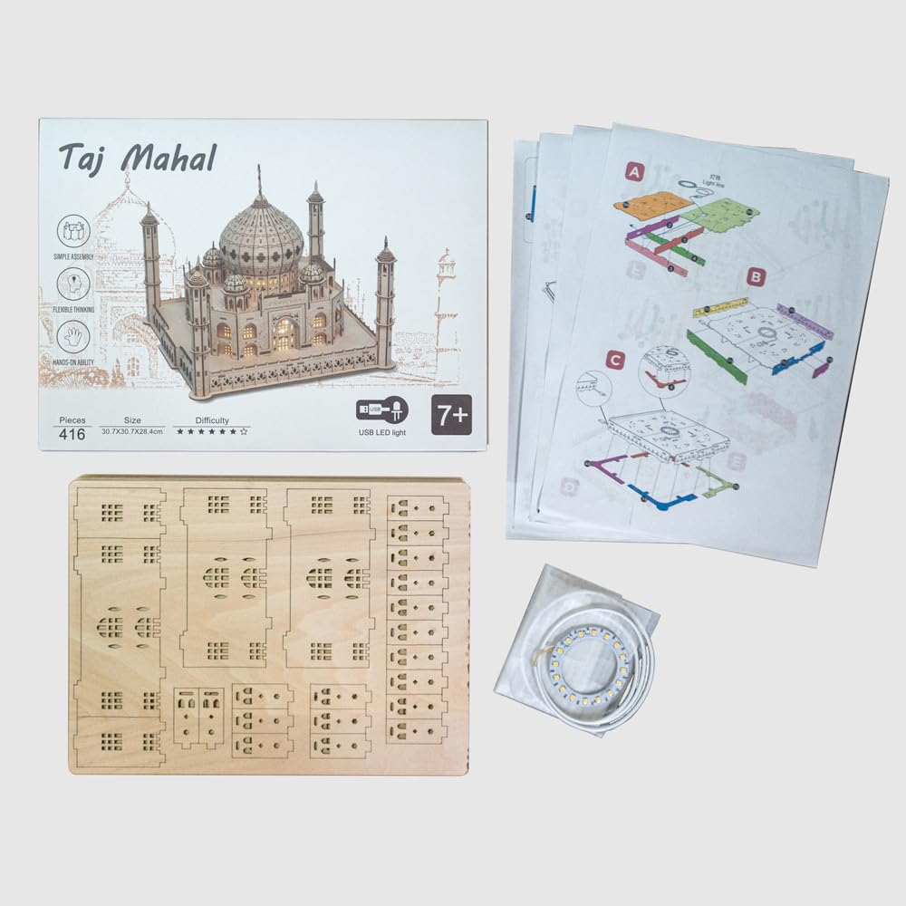 SILK ROAD 3D DIY Wooden Puzzle Taj Mahal with LED 416 Craft Educational New Christmas Gift Lights, Pieces, Gift, Toy, Boys, Girls, Adults, Year's