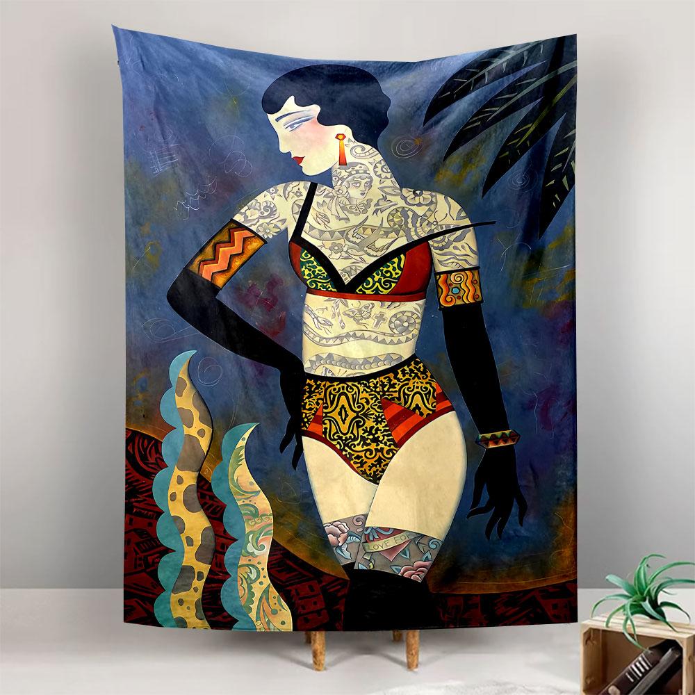 Tattooed woman in bold patterned swimwear with decorative surroundings. Patterned tapestry for bedroom and living room home decor