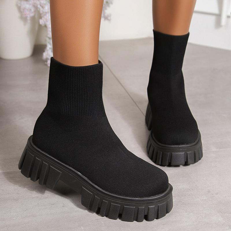 Fashion Fashion Black Slip On Platform Boots for Women Thick Sole Knitting Ankle Boots Woman Spring Autumn Comfort Non Slip Sock Booties