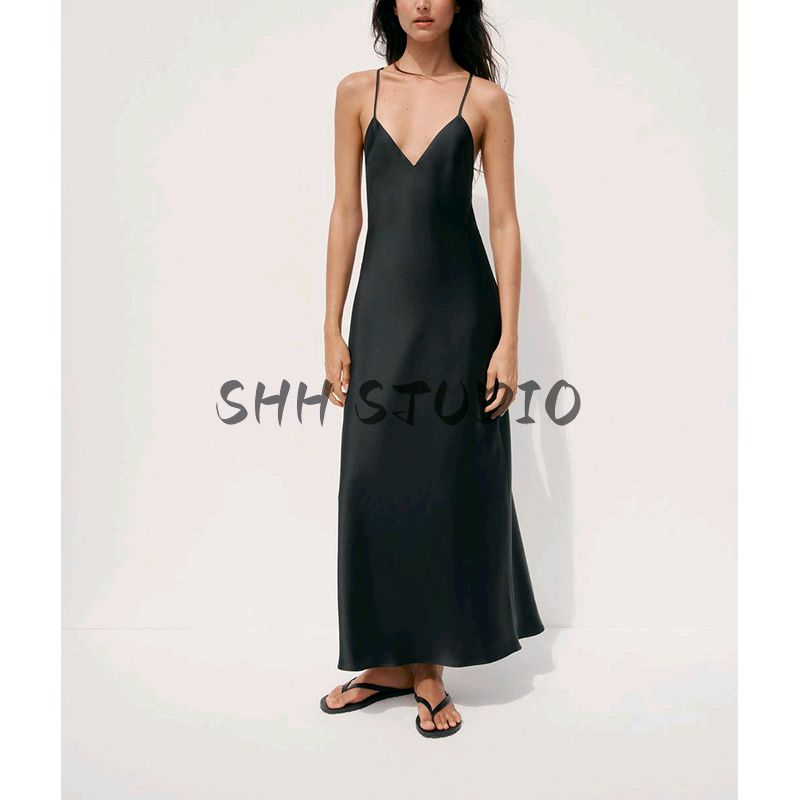 Summer New Product Women's Clothes Minimalist Style V Neck Sleeveless Silk Satin Textured Sling Midi Skirt Dress 8034331