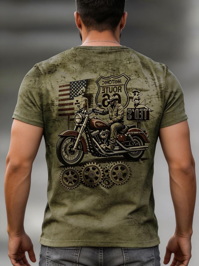 Men's Route 66 Motorcycle T-Shirt - Full-Body Vintage Cowboy & Print, Plus Size Oversized Short Sleeve Crew Neck Casual Summer Top, Retro Design