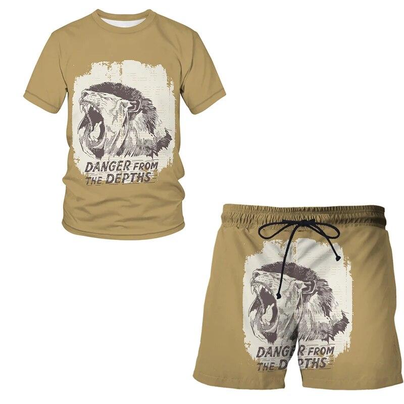 

Комплекты из 2 предметов с 3D принтом свирепых животных, повседневная одежда, повседневный костюм с короткими рукавами + шорты, футболка с круглым вырезом, мужская одежда, топы 6XL