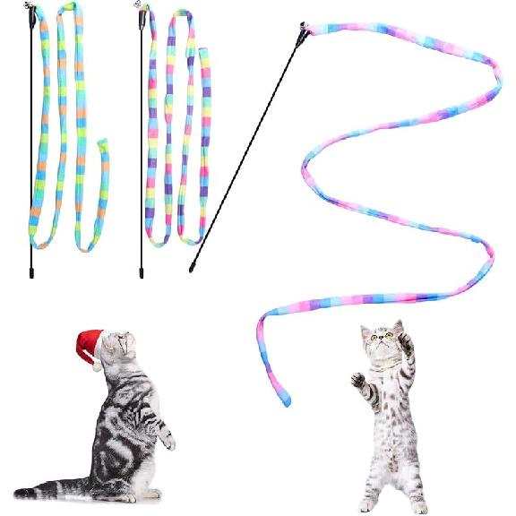 Cat Wand Toys Interactive Kitten Toys for Indoor Cats Colorful Teaser Wand String for Exercise Kitten Stick Kitty Rope Toy Rainbow Ribbon Cat Charmer